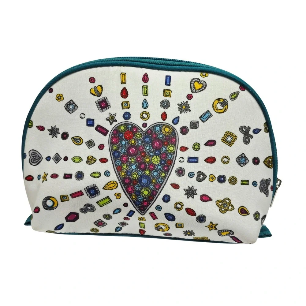 Brighton Makeup Bag Women Medium White Teal Jewelry Heart Love Leopard Print